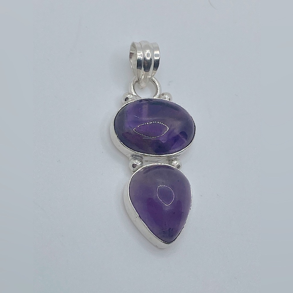 Vtg Amethyst Oval & Pear Shape Cabochon Stone Unmarked Silver Tone Pendant  1.9”
